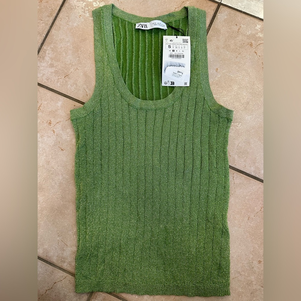 BNWT ZARA Ribbed Green Sparkle Tank Size Small